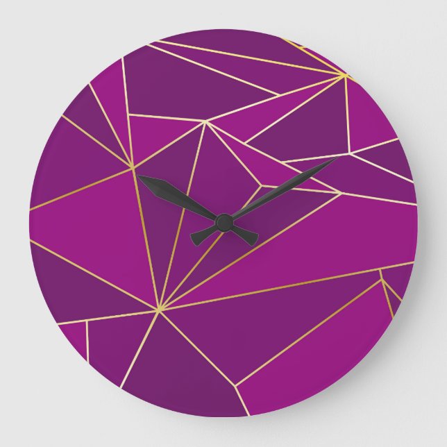 Purple Polygon Art: Gold Line Geometric Background Large Clock (Front)