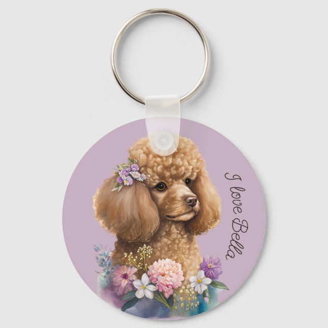 Purple Poodle Dog Floral Whimsical and Cute  Key Ring (Front)