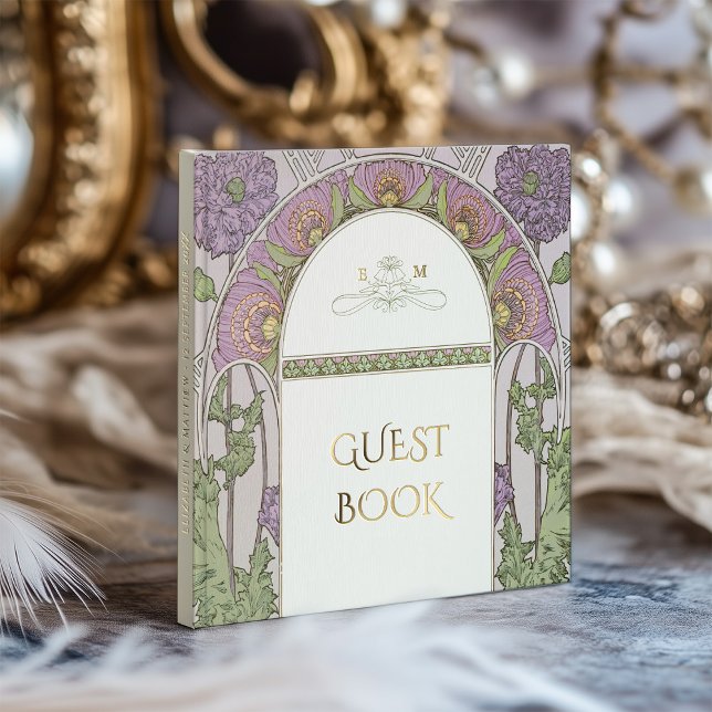 Purple Poppies Gold Wedding Art Nouveau Guest Book (Creator Uploaded)