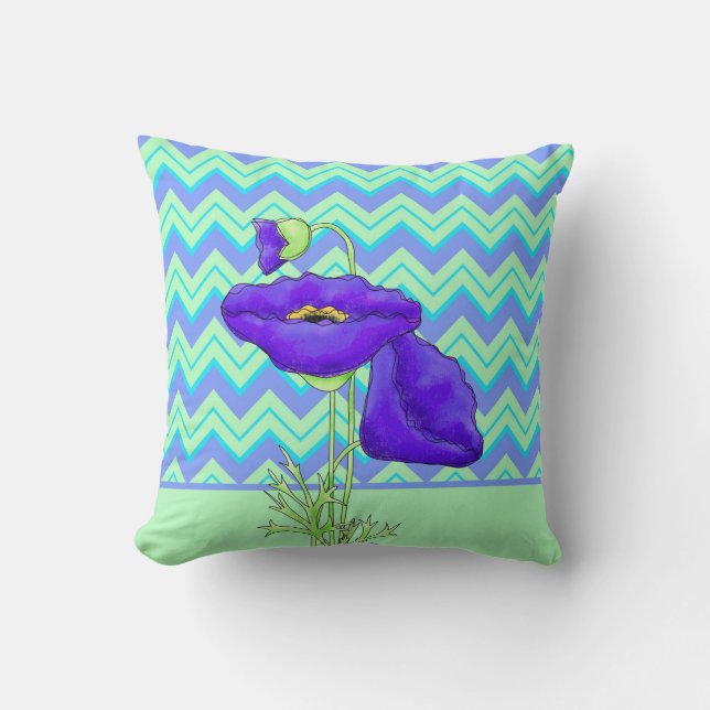 Purple Poppy Green Zizzag Chevron Decorative Cushion (Front)
