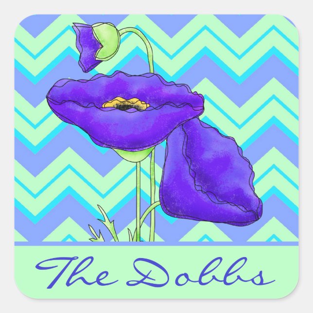 Purple Poppy Personalised Green Chevron Zizzag Square Sticker (Front)