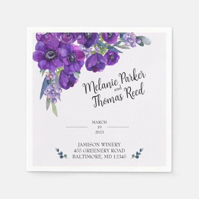 Purple Poppy Wedding paper napkins (Front)