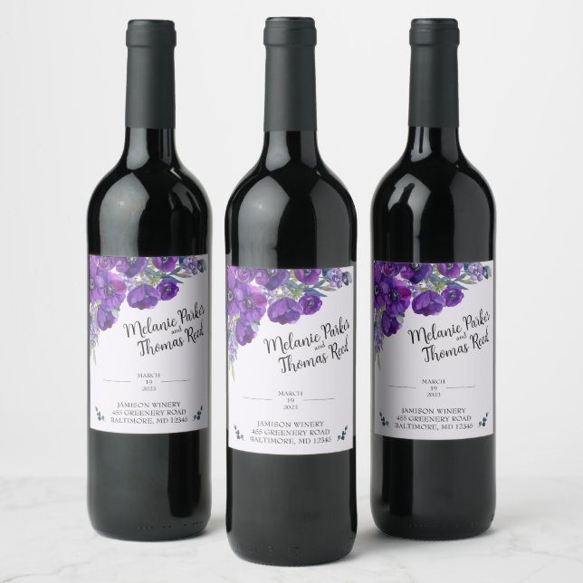 Purple Poppy Wedding wine bottle label (Bottles)