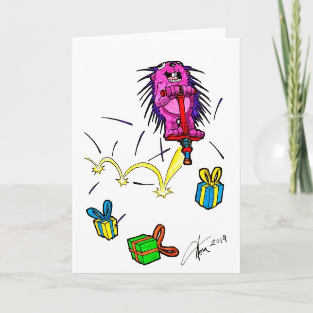 Purple Porcupine on a Pogo Stick birthday card (Front)