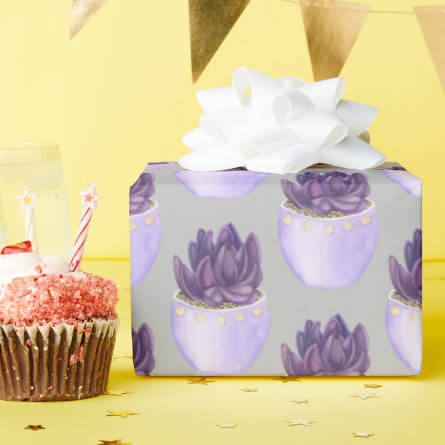 Purple Potted Succulent Wrapping Paper (Birthday Party)