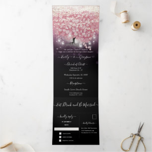 Purple Powder Pink and Black Heart Leaf Wedding Tri-Fold Invitation