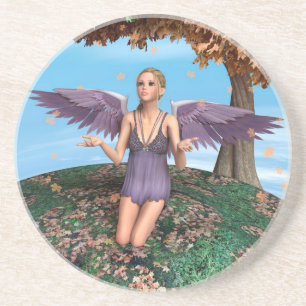 Purple Praying Angel Autumn Fantasy Art Coaster