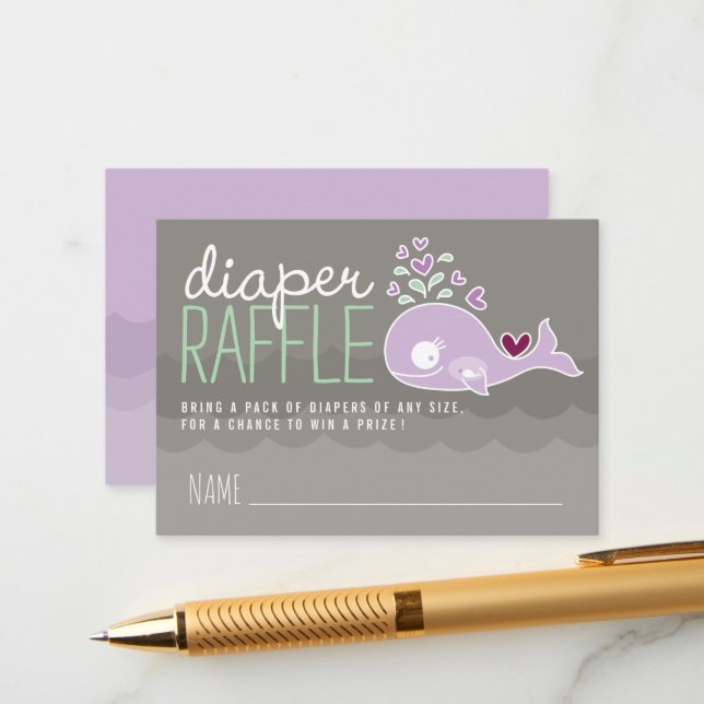 Purple Pregnant Mummy Whale Diaper Raffle Tickets Enclosure Card (Front/Back In Situ)