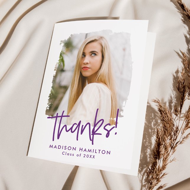 Purple | Preppy Script Photo Graduation Thank You Card (Creator Uploaded)