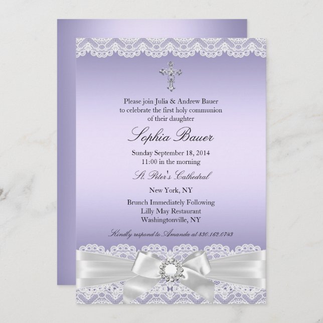 Purple Pretty Bow Cross Holy Communion Invitation (Front/Back)