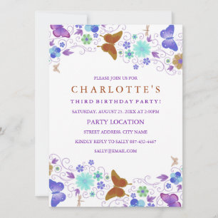 Purple Pretty Butterfly   Birthday Invitation