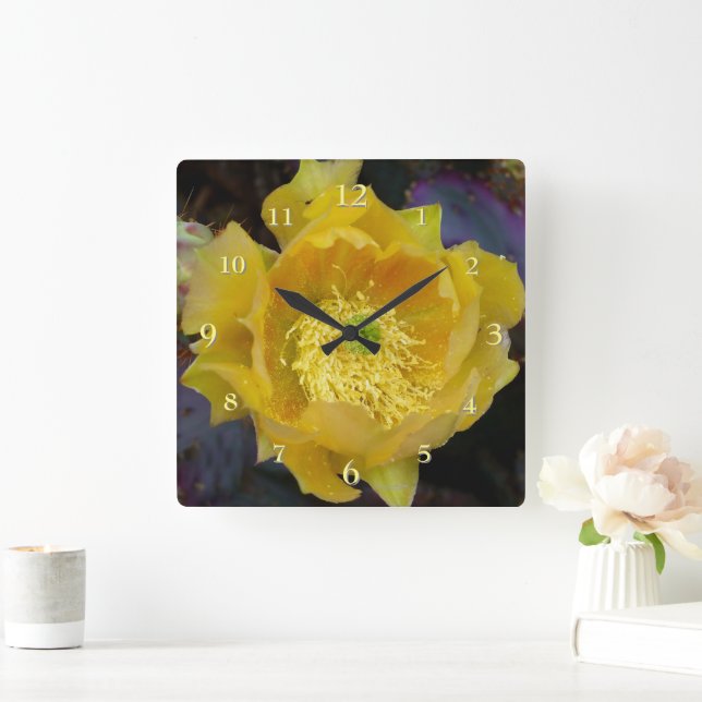 Purple Prickly Pear Cactus wth Yellow Flower Square Wall Clock (Home)