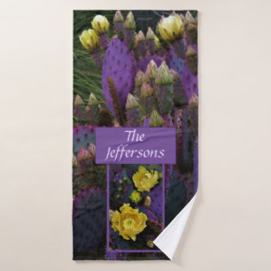 Purple Prickly Pear Opuntia Cactus Yellow Flowers Bath Towel