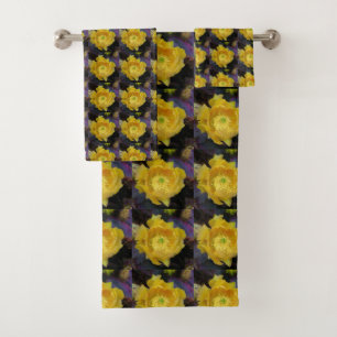 Purple prickly pear opuntia cactus yellow flowers bath towel set