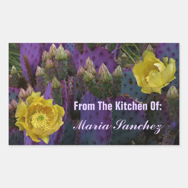 Purple Prickly Pear Opuntia Cactus Yellow Flowers Rectangular Sticker (Front)