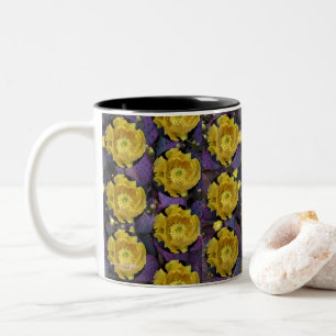 Purple prickly pear opuntia cactus yellow flowers Two-Tone coffee mug