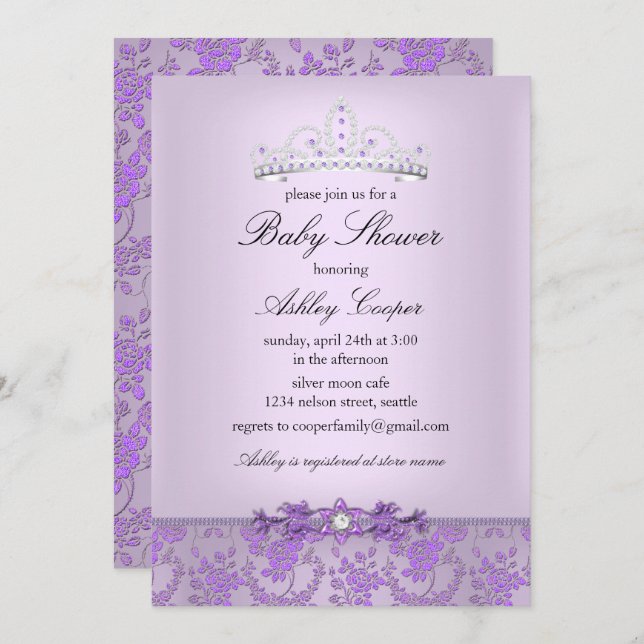 Purple Princess Baby Shower Tiara Invitation (Front/Back)