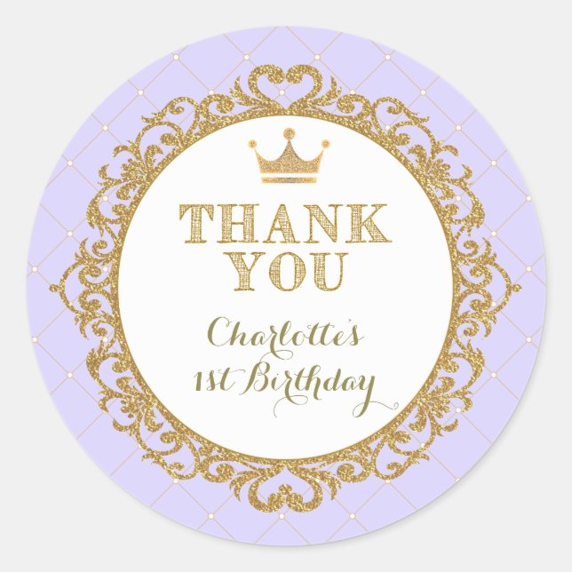 Purple Princess Baby Thank You Birthday Favors Classic Round Sticker (Front)