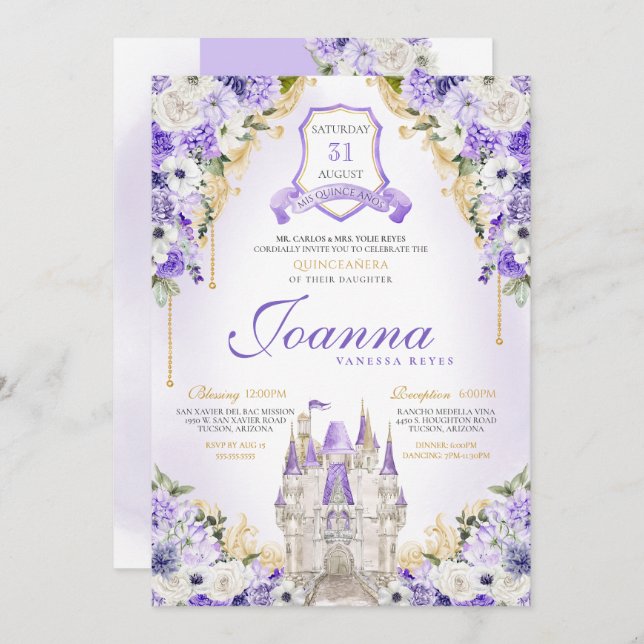 Purple Princess Castle Royal Lavender Quinceanera Invitation (Front/Back)
