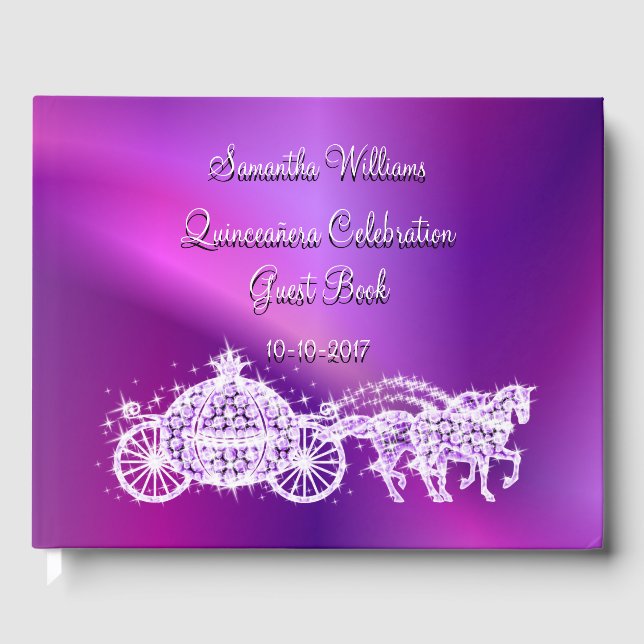 Purple Princess Coach & Horses Quinceañera Guest Book (Front)