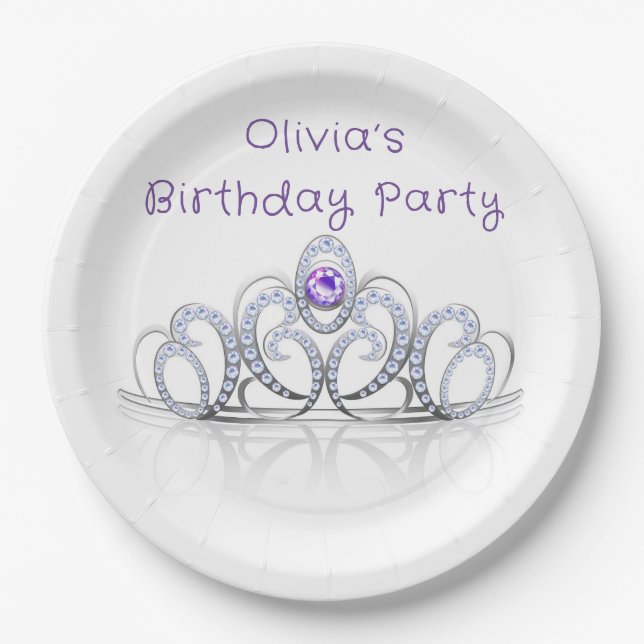 Purple Princess Diamond Crown Birthday Party Paper Plate (Front)
