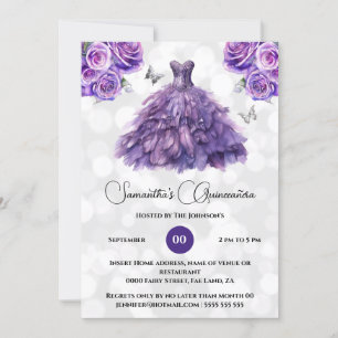 Purple princess Quinceañera fantasy ballgown roses Invitation