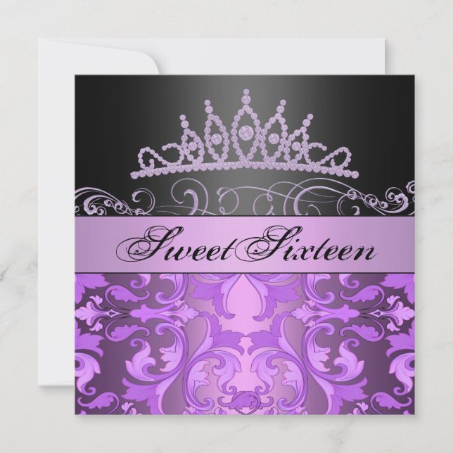 Purple Princess Sweet16 Damask Birthday Invite (Front)