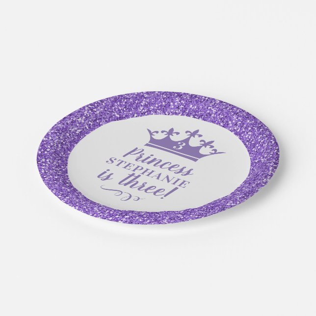 Purple Princess Tiara Crown Glitter Girl'sBirthday Paper Plate (Angled)