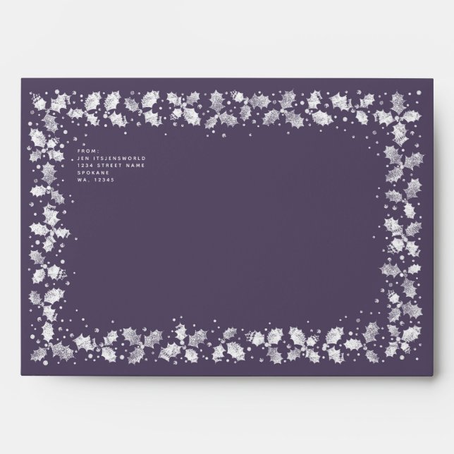 Purple Printed Holly Leaves Return Address A7 Envelope (Front)