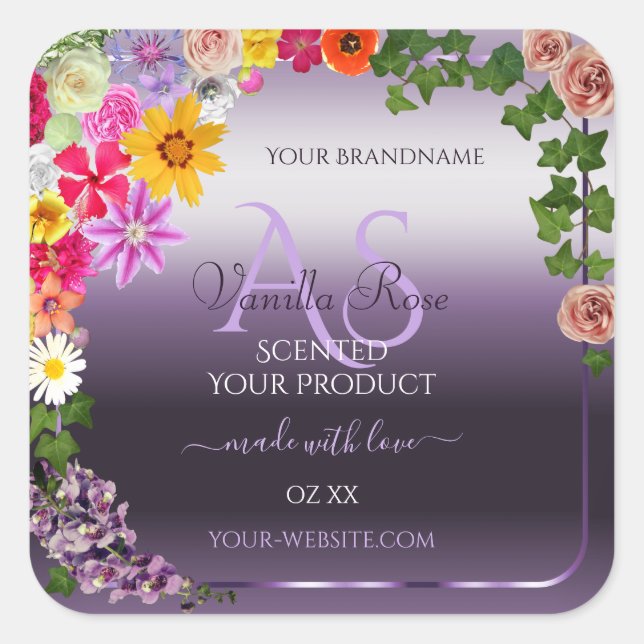 Purple Product Labels Colourful Flowers Monogram (Front)