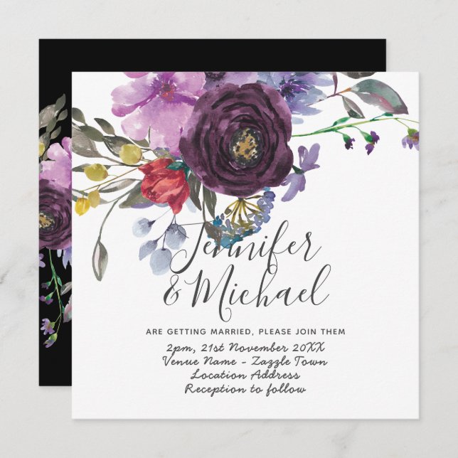 Purple Promise Wedding Invitations Modern Floral (Front/Back)
