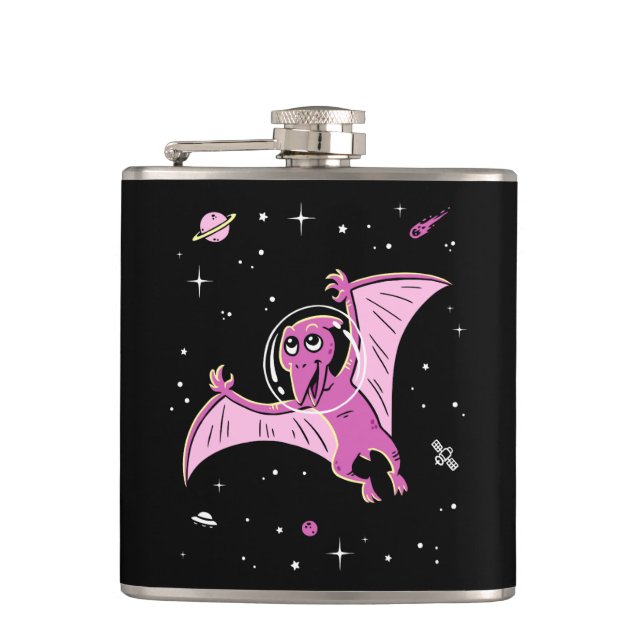 Purple Pterodactyl Dinos In Space Hip Flask (Front)