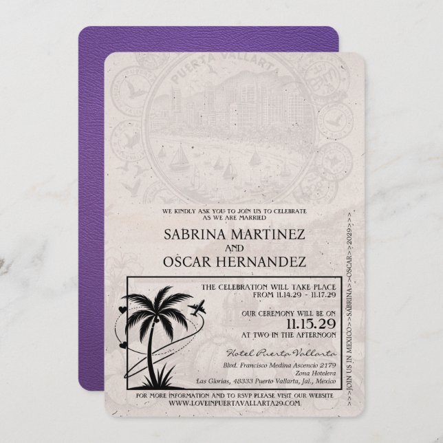 Purple Puerta Vallarta Passport Wedding Invitation (Front/Back)