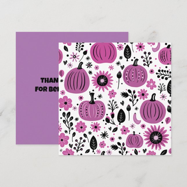 Purple pumpkin and fall flower personalised  thank you card (Front/Back)
