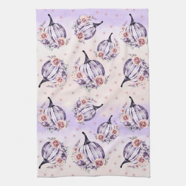Purple pumpkin cute floral fall autumn flowers tea towel (Vertical)