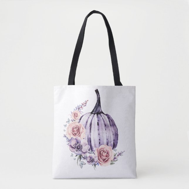 Purple pumpkin cute floral fall autumn flowers  tote bag (Front)