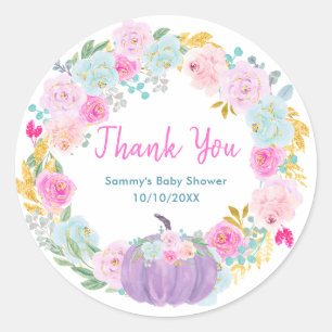 Purple Pumpkin Floral Wreath Baby Shower Thank You Classic Round Sticker