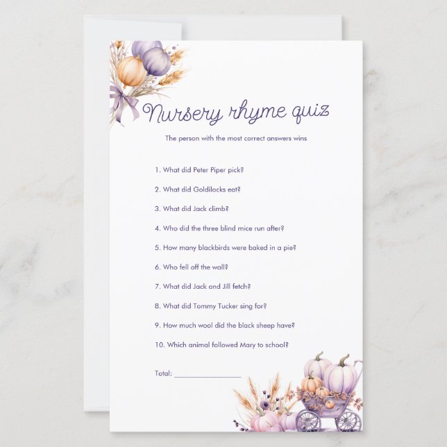 Purple Pumpkin Nursery Rhyme Quiz Baby Shower Game (Front)