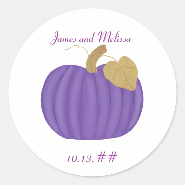 Purple Pumpkin Save the date wedding stickers (Front)