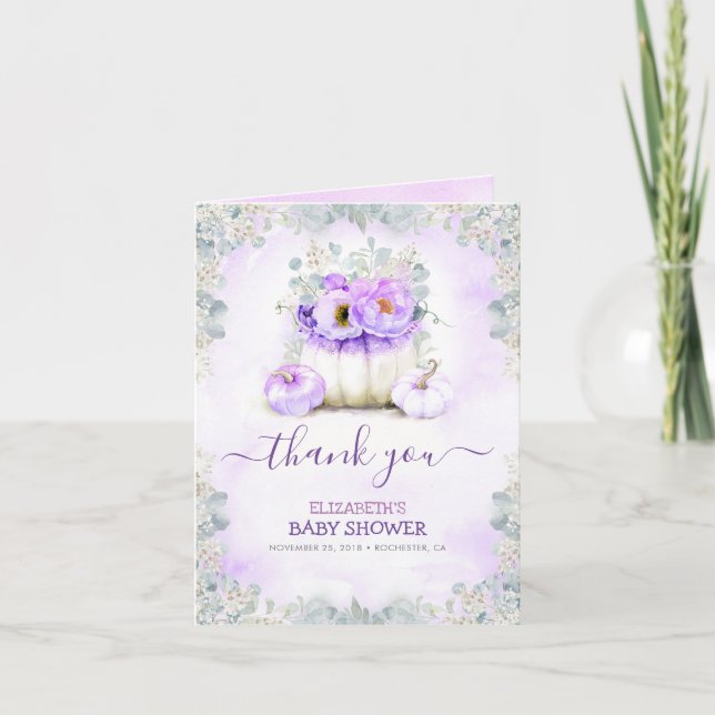 Purple Pumpkins Fall Baby Shower Thank You Card (Front)