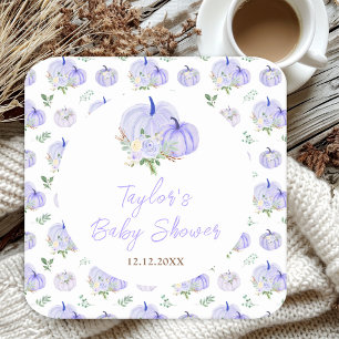 Purple Pumpkins Floral Baby Shower Square Paper Coaster