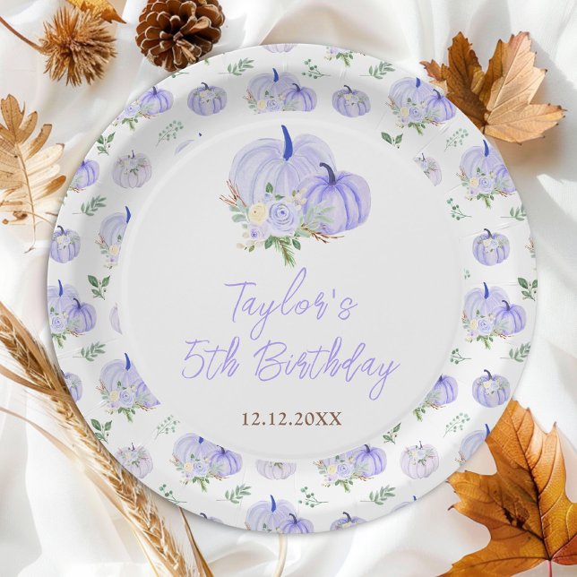 Purple Pumpkins Floral Birthday Party Paper Plate (Creator Uploaded)