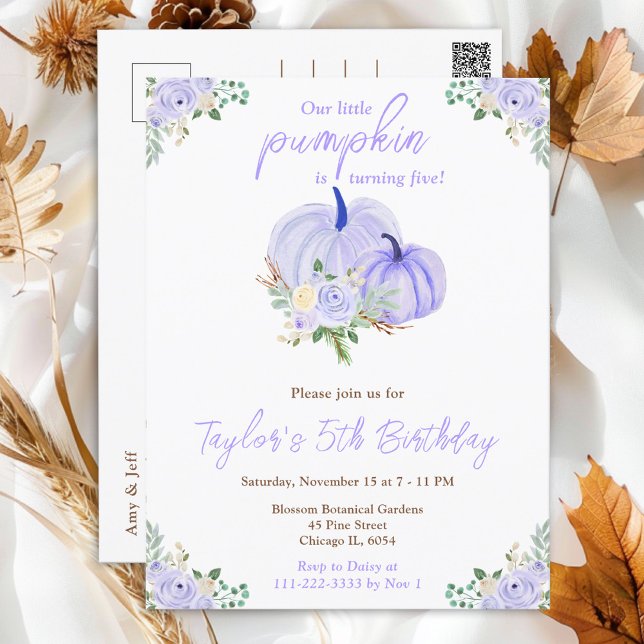 Purple Pumpkins Floral Birthday Party Postcard (Creator Uploaded)