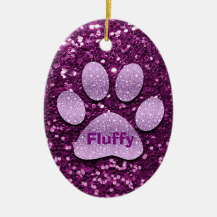 Purple Puppy Paw Faux Glitter Ceramic Ornament