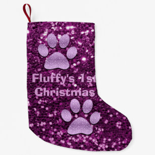 Purple Puppy Paws Faux Glitter 1st Christmas Small Christmas Stocking