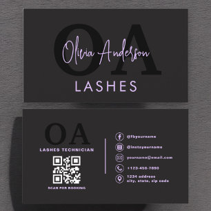 Purple QR Code Eye Lashes Technician Black Business Card