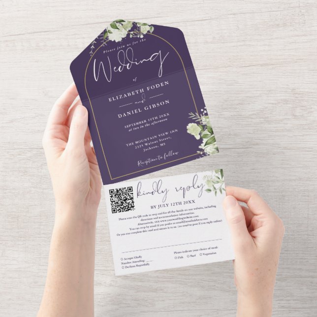 Purple QR Code Gold Arch Greenery Floral Wedding All In One Invitation (Tearaway)