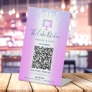 Purple QR Code Pay Here Cake Bakery Glitter Drips  Pedestal Sign