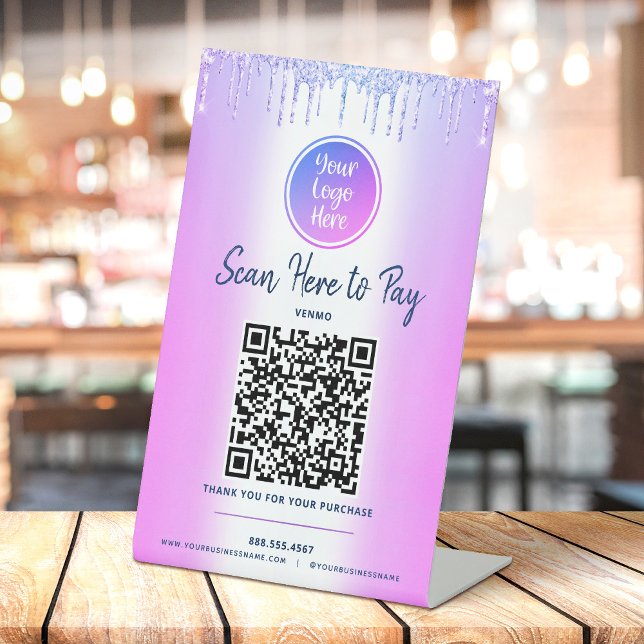 Purple QR Code Pay Here Glitter Drips Custom Logo  Pedestal Sign (Creator Uploaded)