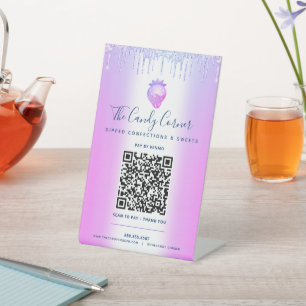 Purple QR Code Pay Here Strawberry Glitter Drips  Pedestal Sign